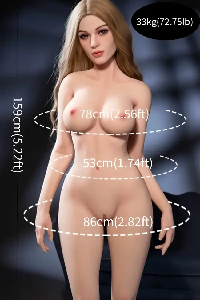 Brown hair TPE love doll shown displayed with size comparison details for bedroom accessories